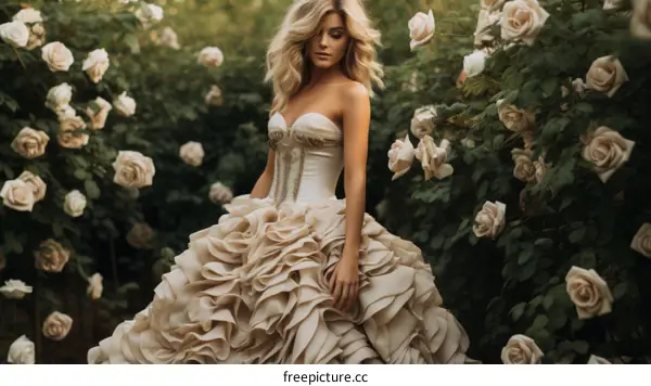 A woman wearing a wedding dress is standing in a garden of roses.