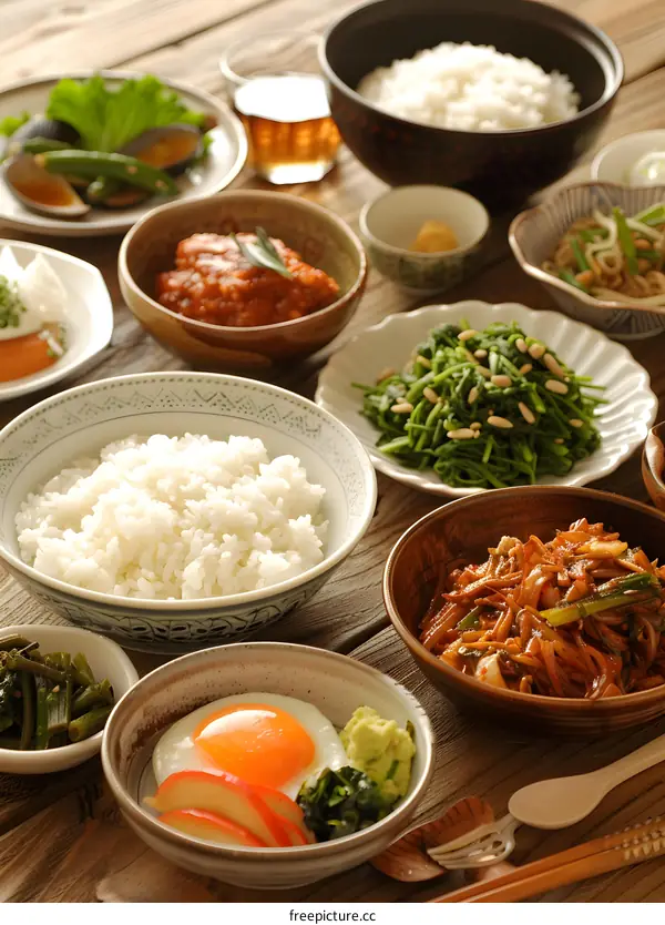 Japanese Food Table Setting with Rice, Fried Egg and Side Dishes