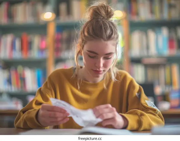 Young woman reading a book in the library
