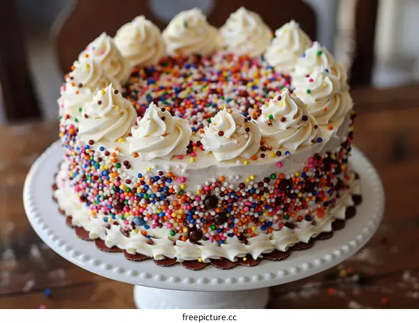 A Delicious Cake Topped with Colorful Sprinkles and White Frosting
