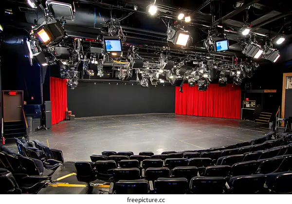 Empty Theater Stage with Red Curtains and Black Seats