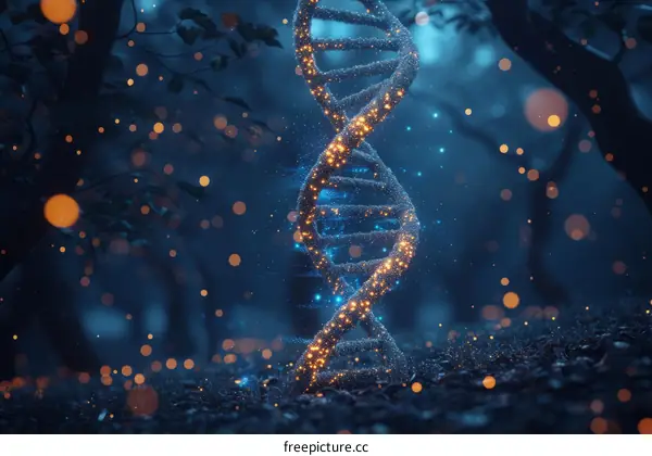 Blue glowing double helix in the middle of a dark forest