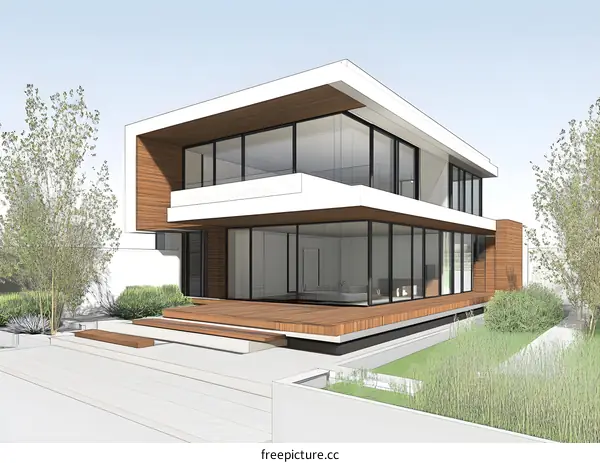 Modern House Design Sketch with Wooden Deck