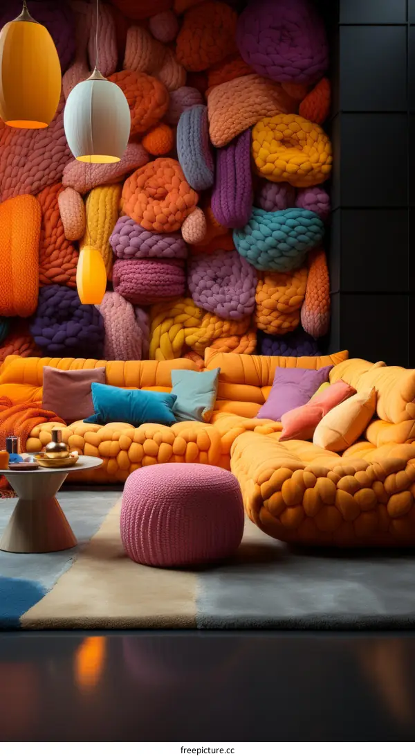 Colorful 3D rendering of a living room with sofa and pillows made of yarn