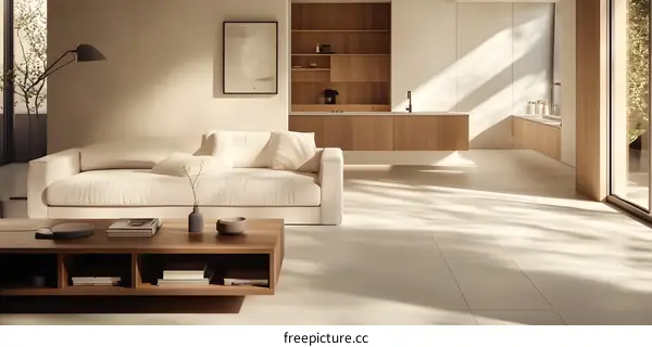 Minimalist Living Room Interior Design with Wooden Furniture and Sunlight