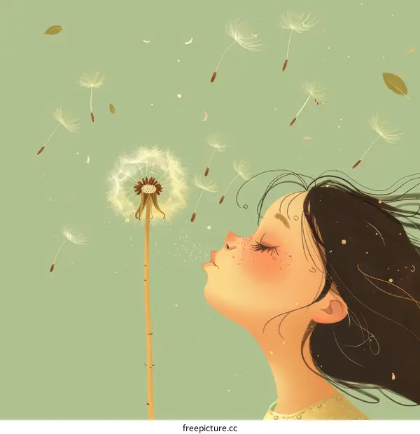 Little Girl Blowing Dandelions and Making a Wish