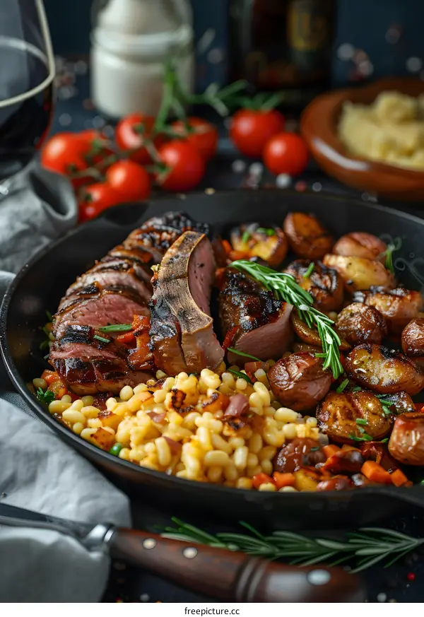 A plate of delicious food with steak, potatoes, and vegetables