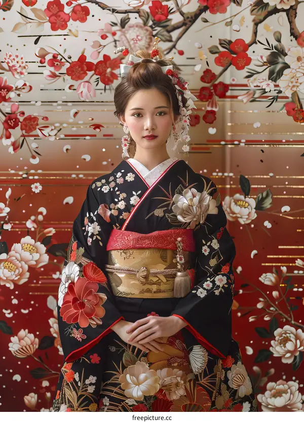 Portrait of a Japanese woman in traditional kimono