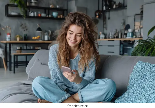 Woman Relaxing on Sofa with Smartphone