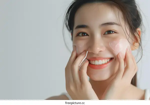 Smiling Asian Woman Applying Face Cream