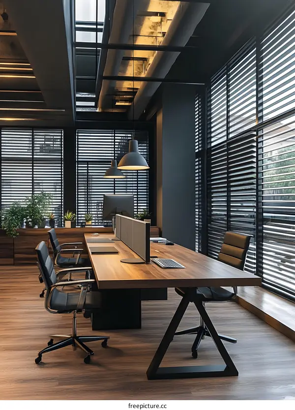 Modern Office Interior Design With Wooden Desk And Black Chairs