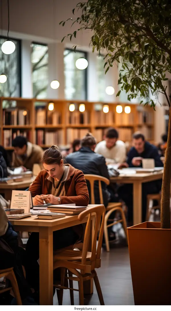 Focused young woman studying in a library surrounded by books and other people