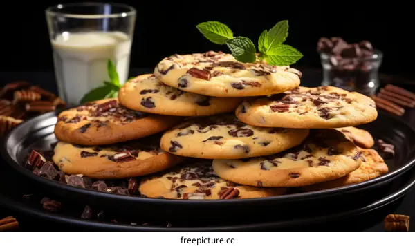 A stack of chocolate chip cookies with pecans and mint