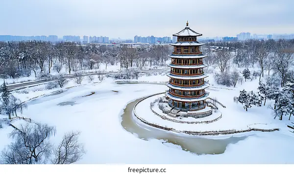 Winter Snowscape with Pagoda in Park