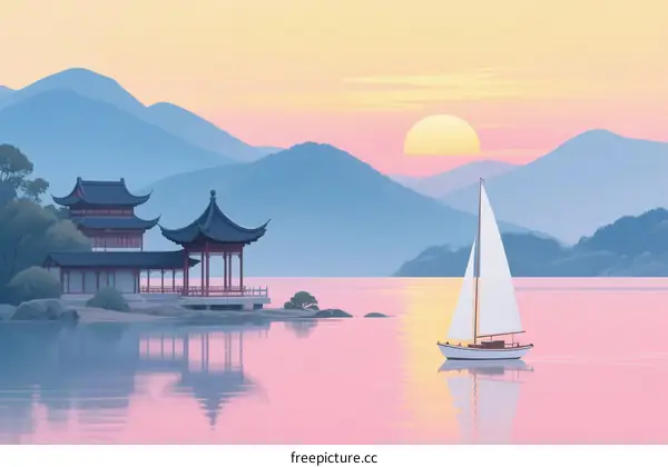 A serene sunset scene with traditional Chinese buildings and a sailboat on the lake