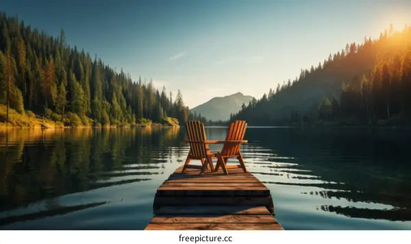 Two wooden chairs on a dock jutting out into a calm lake with a mountain backdrop