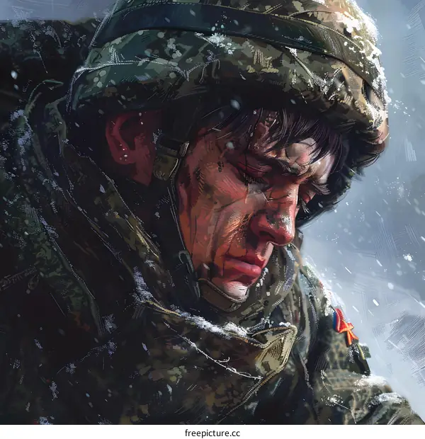 A soldier wearing a green and brown camouflage uniform and a helmet is kneeling in the snow.