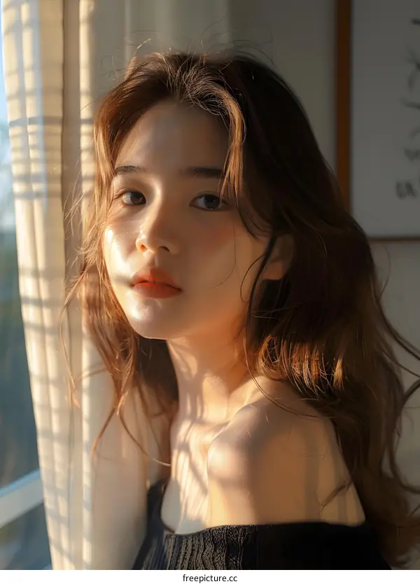 Asian Woman With Long Brown Hair Looking at Camera