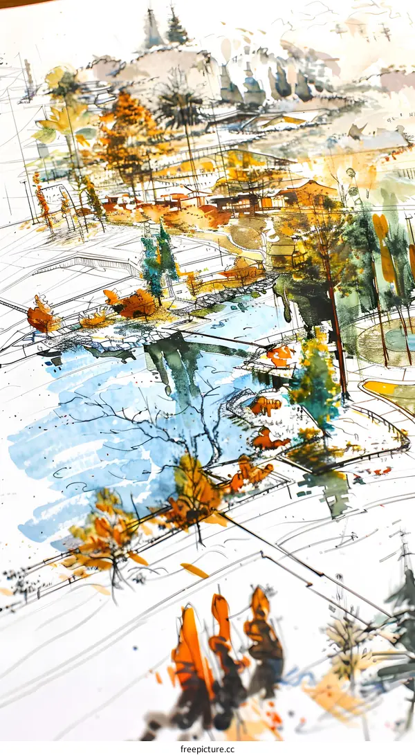 Hand Drawn Watercolor Illustration of a Landscape with Trees and a Pond