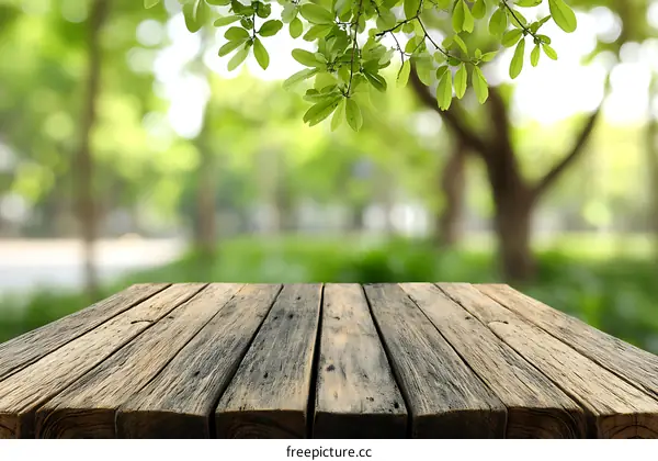 Wooden Tabletop in a Lush Park Scene