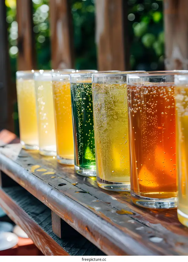 Close Up Of Six Different Colored Drinks In Clear Glasses