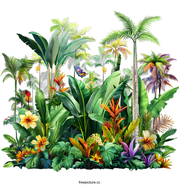 [Transparent Background PNG]Tropical Paradise Lush Green Palm Trees With Colorful Flowers