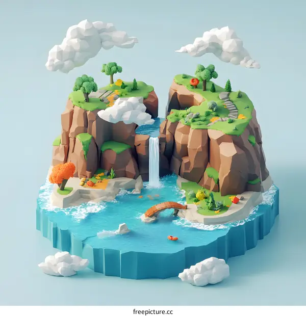 Low Poly Island Landscape with Waterfall and Bridge
