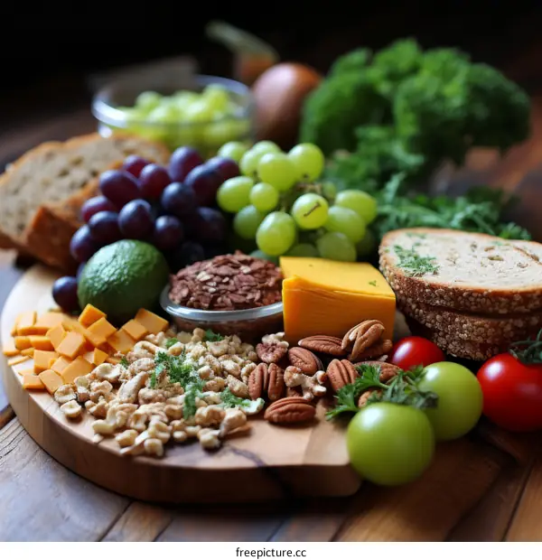 An assortment of fresh fruits, vegetables, and nuts arranged on a wooden table