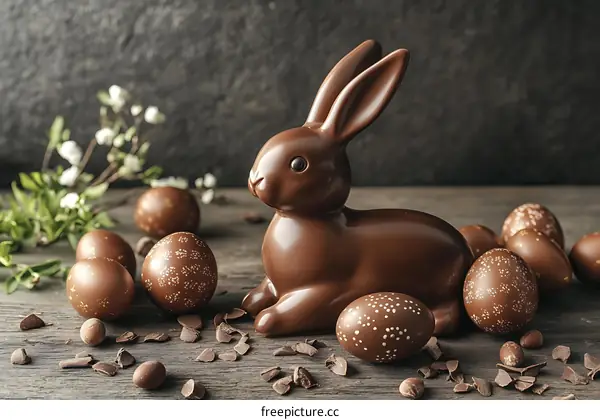 Chocolate Easter Bunny and Eggs on Wooden Table