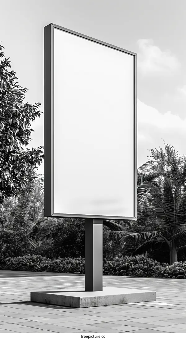 Black and white photo of a blank billboard on a city street