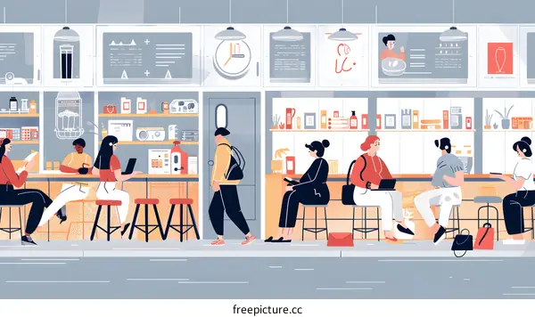 People Sit and Stand Around a Counter at a Cafe