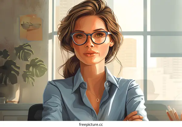 A businesswoman wearing glasses is sitting in an office.