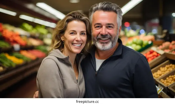 Happy couple grocery shopping together