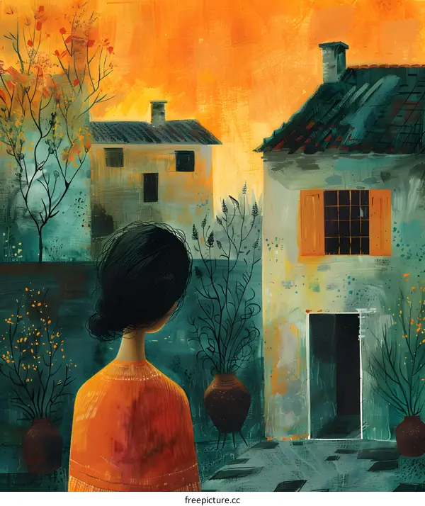 A girl standing in front of two houses