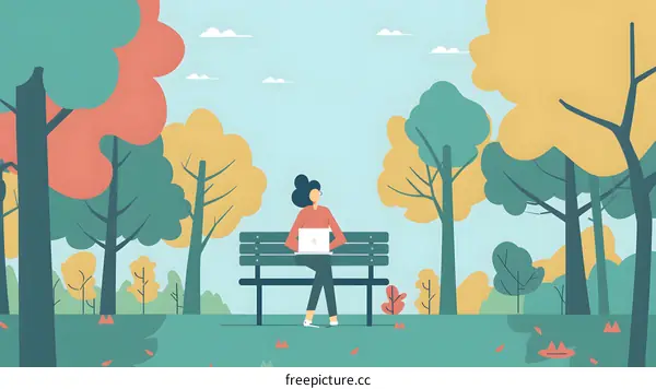 Woman Working on Laptop in Autumn Park