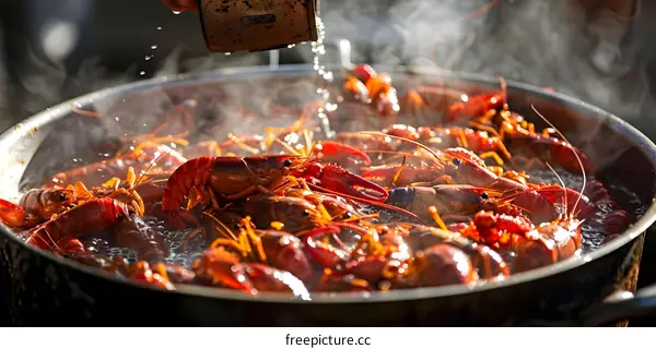 A large pot of crawfish being boiled