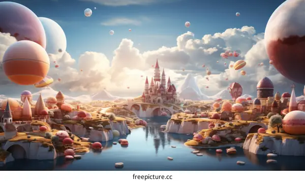 A beautiful landscape with a castle, mountains, and a river