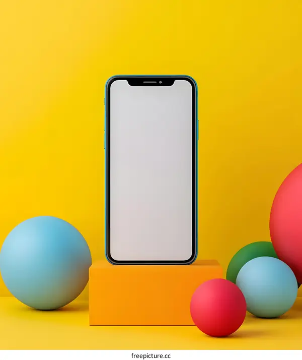 Mockup of Smartphone on a Yellow Background with Colored Spheres
