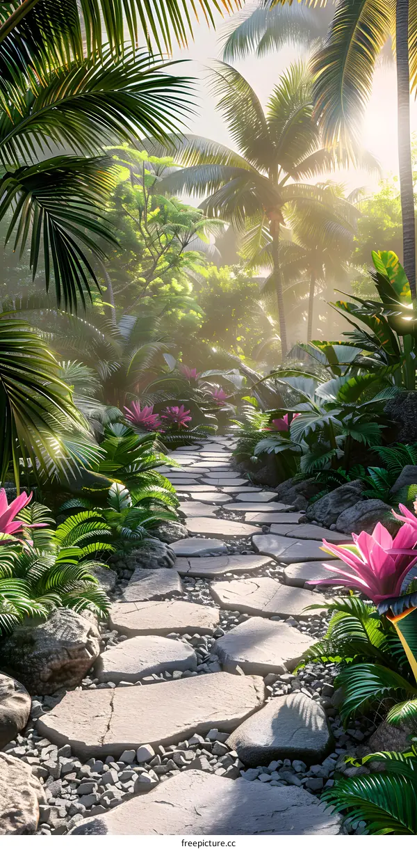 Stone path through a dense jungle