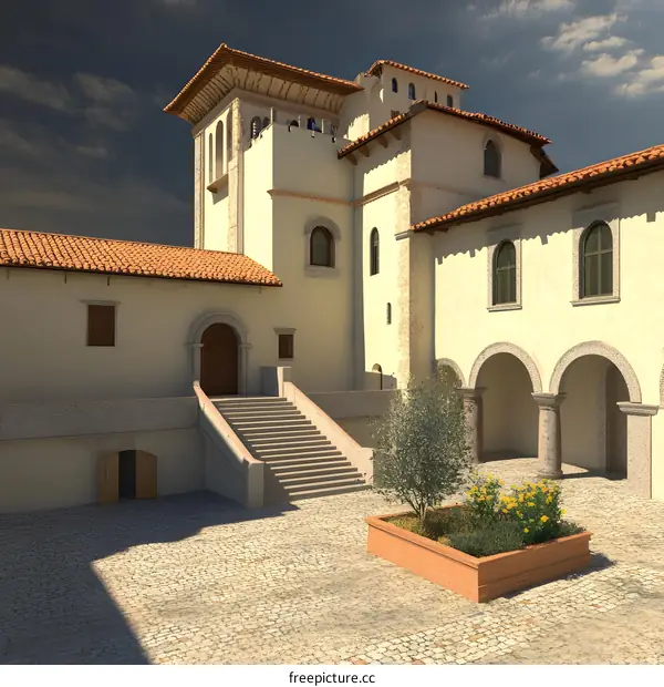 Exterior View of a Historic Italian Villa with Courtyard
