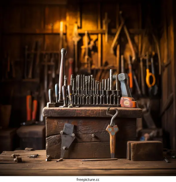 An Old Wooden Toolbox Filled With Various Old Rusty Tools