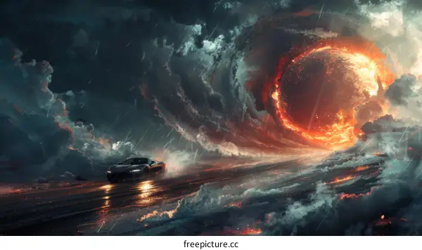 A car drives through a portal to another realm