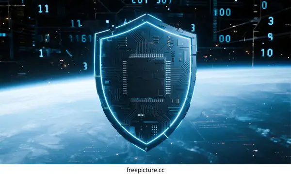 Cybersecurity Shield with Circuit Pattern Over Earth Background