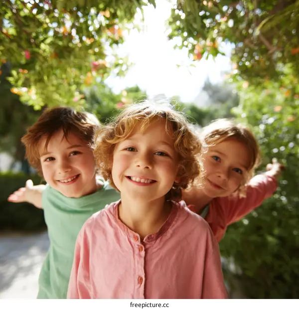 Three Children Smiling Outdoors Under a Tree