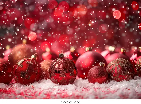 Red and gold Christmas ornaments on snow with red background
