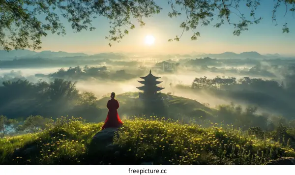 Sunrise View of Ancient Pagoda with a Person in Traditional Clothing