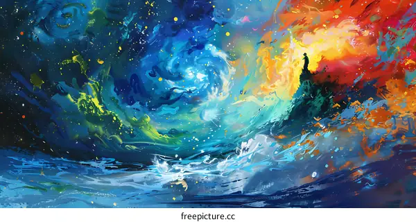 Abstract Painting of a Man Standing on a Cliff With a Swirling Galaxy Above