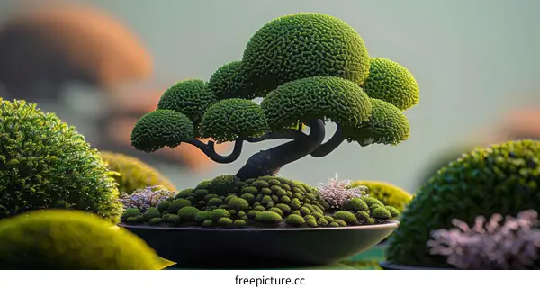 A bonsai tree with a winding trunk and lush green leaves sits in a black pot on a wooden table.