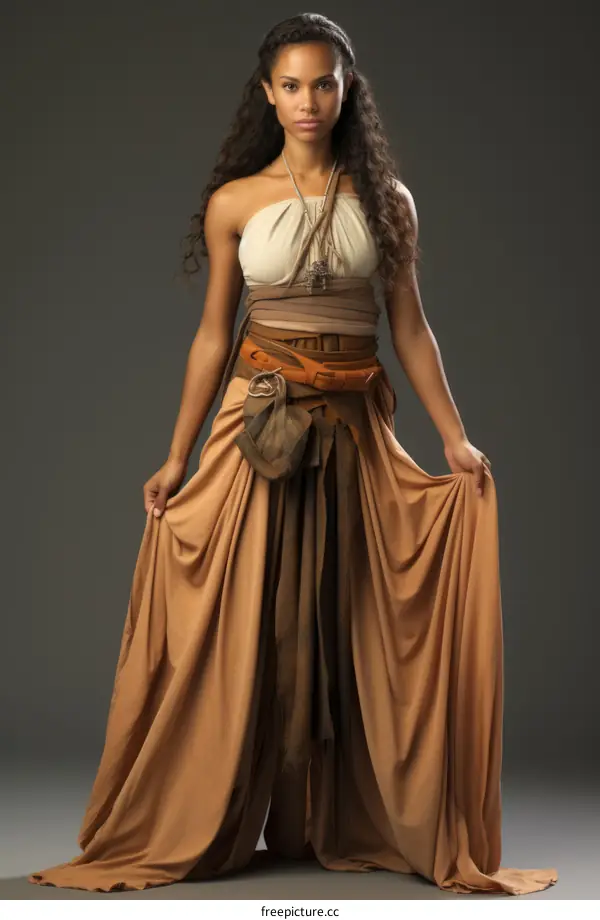 Confident Woman in Brown Dress Posing Against Grey Background