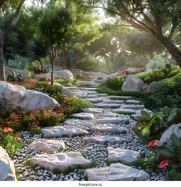 Sunlight shines through the trees and illuminates a cobbled path surrounded by flowers